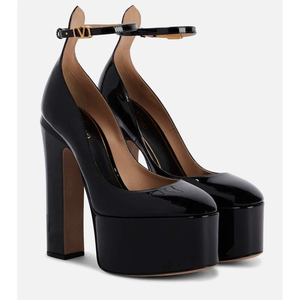 Valentino Garavani Tan-Go Black Patent Leather Platform Block Heel Pumps 38/7.5